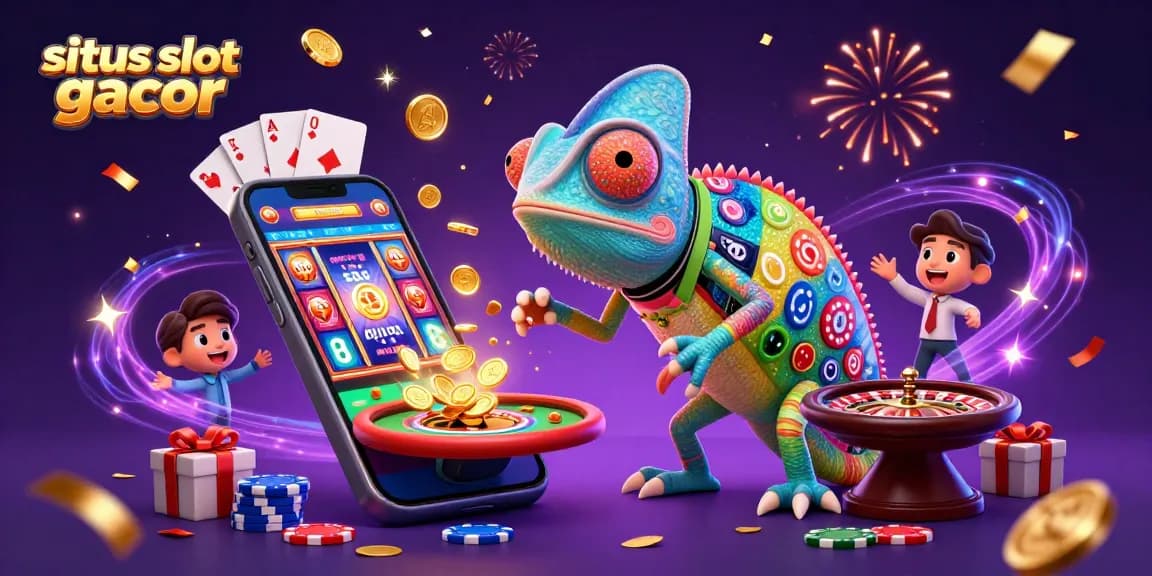 Experience thrilling action at situs slot gacor with a vibrant illustration of a chameleon casino owner.