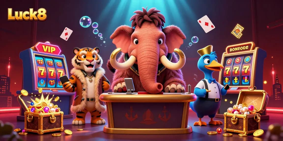 Experience the vibrant casino world of Luck8 as a woolly mammoth bouncer checks VIP guests inside a thrilling atmosphere.
