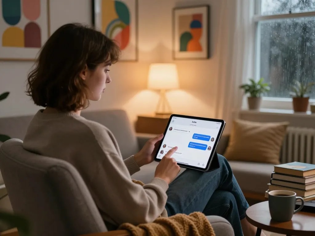 Cozy home office scene showcasing a person engaging with nsfw ai chat on a tablet.
