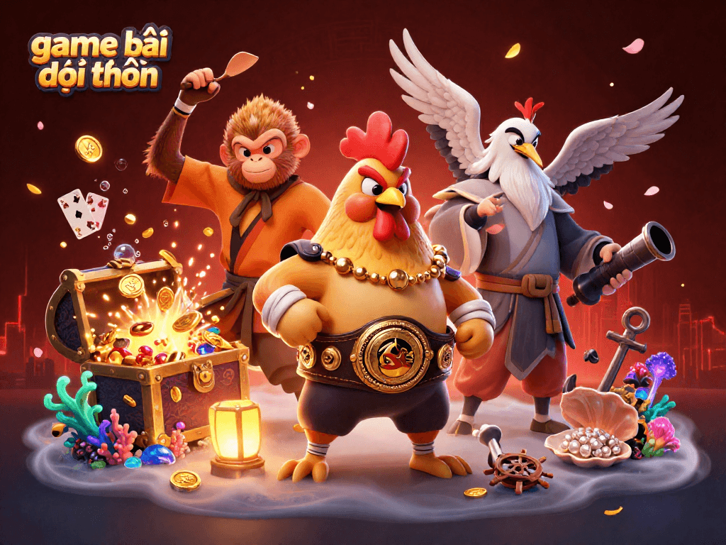 Experience game bài đổi thưởng with a dynamic scene featuring a Muay Thai rooster and more amidst treasure and vibrant elements.