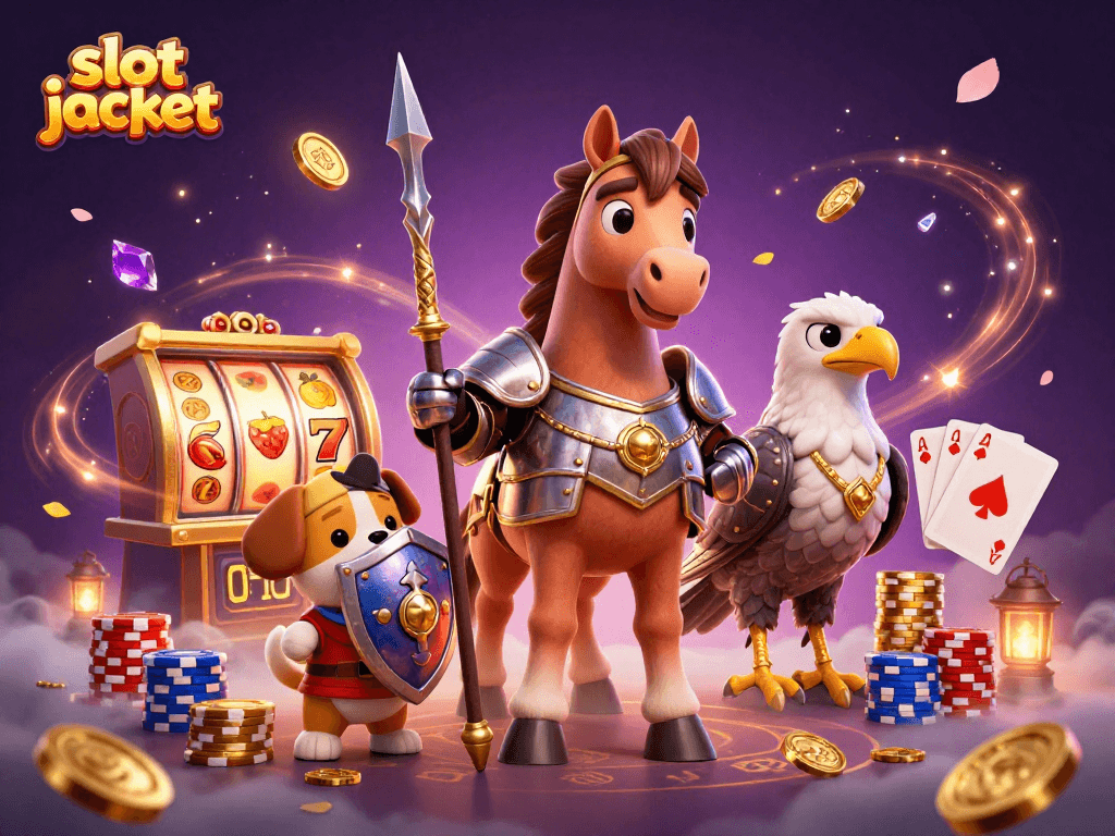 Experience the excitement of slot jackpots with a 3D illustration featuring medieval characters amidst cascading coins and spinning reels.
