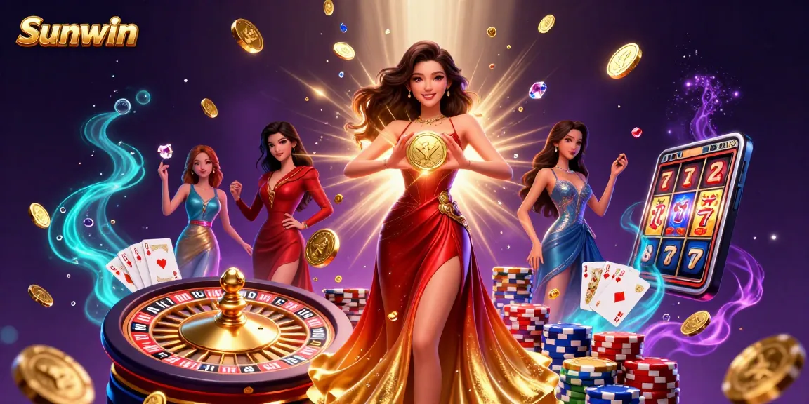 Experience the thrilling world of Sunwin with stunning visuals of dynamic gaming elements and a glamorous character.