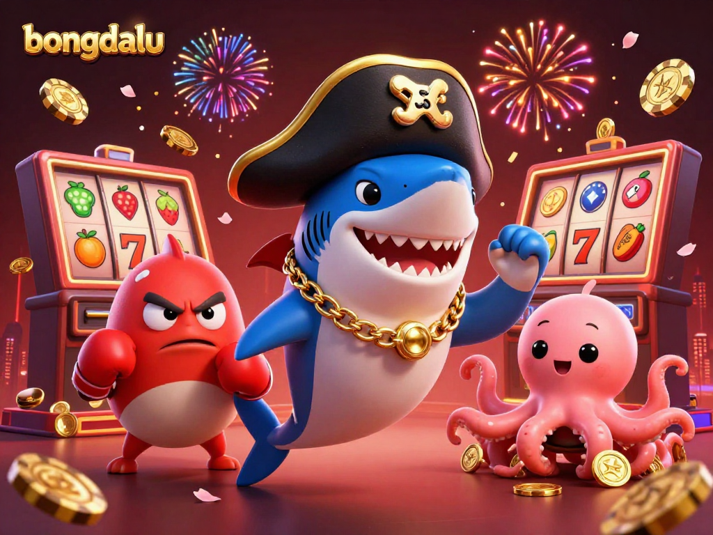 Bongdalu showcases a vibrant casino scene with a pirate shark, pufferfish, and octopus amid exciting slot machine action.