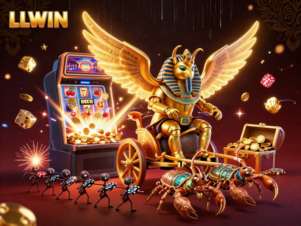 Experience the excitement of LLWIN with a dynamic casino scene featuring golden scarabs, jackpots, and vibrant symbols.