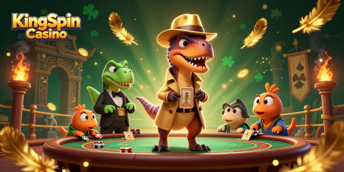 KingSpin Casino izgalmas blackjack játék jelenete, ahol dinoszauruszok játszanak és csempésznek.