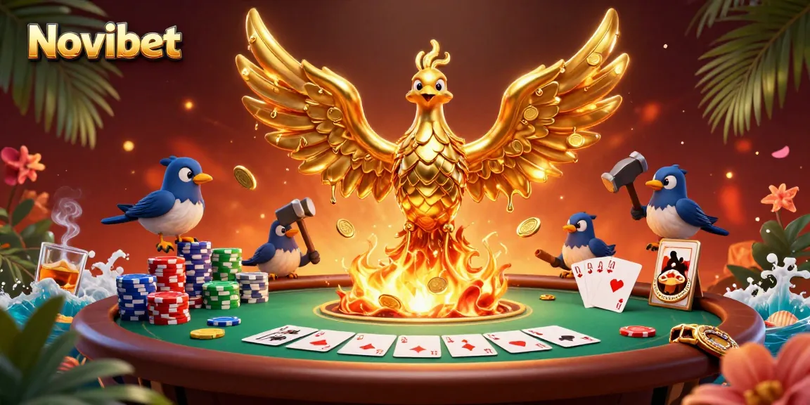 Experience thrilling gameplay with Novibet's immersive casino scene featuring a golden phoenix and poker action.
