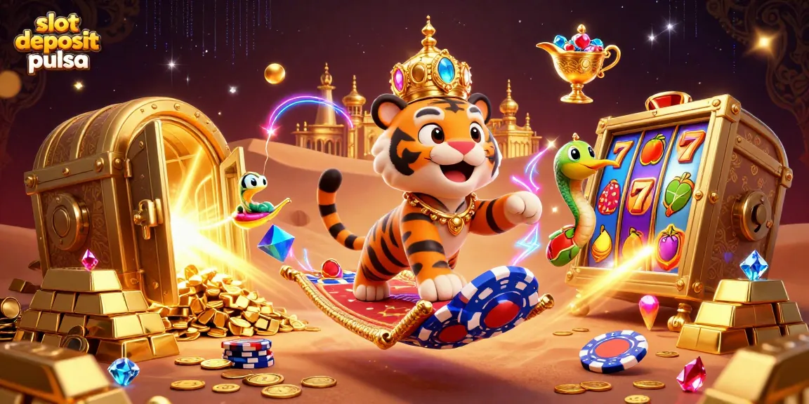 Menang taruhan slot deposit pulsa dengan simbol buah dan jackpot di ilustrasi fantastis.