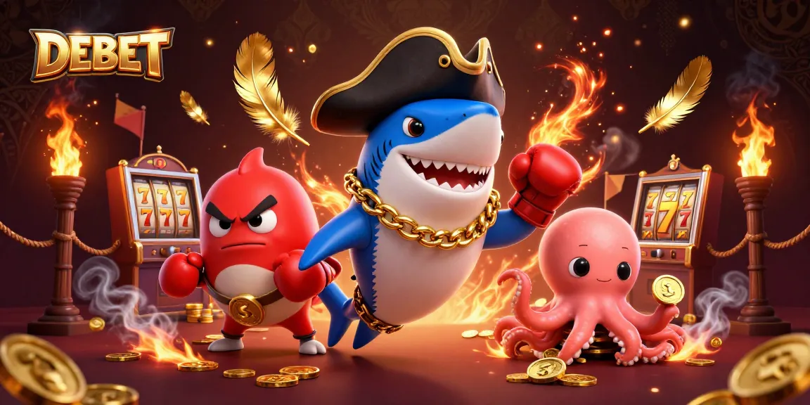 Engage with DEBET and explore exciting slots action featuring a pirate shark, pufferfish, and octopus.
