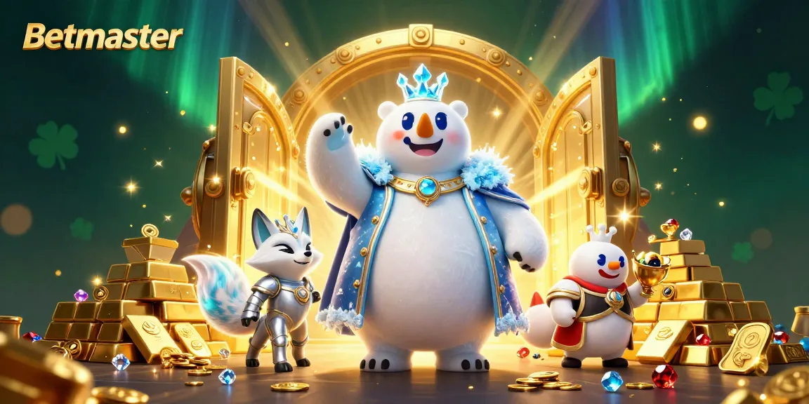 Experience the excitement of Betmaster with a lively 3D illustration featuring a polar bear and fox surrounded by treasures and gaming elements.