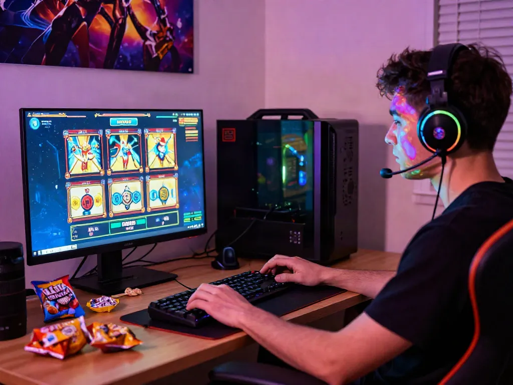 Player enjoying akunjp online slot game at home with vibrant gaming setup