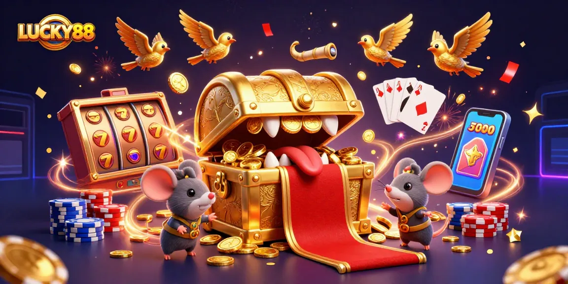 Engage with LUCKY88's thrilling slot adventure featuring a treasure chest, coins, and jackpots.