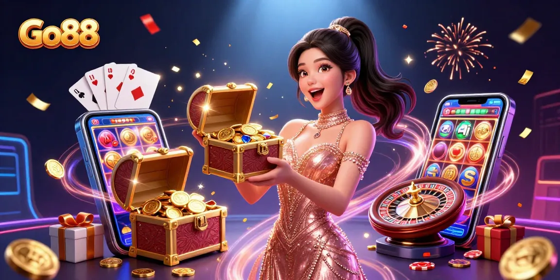 Experience excitement with Go88 as a beautiful Asian woman reveals treasures in a lively casino scene.