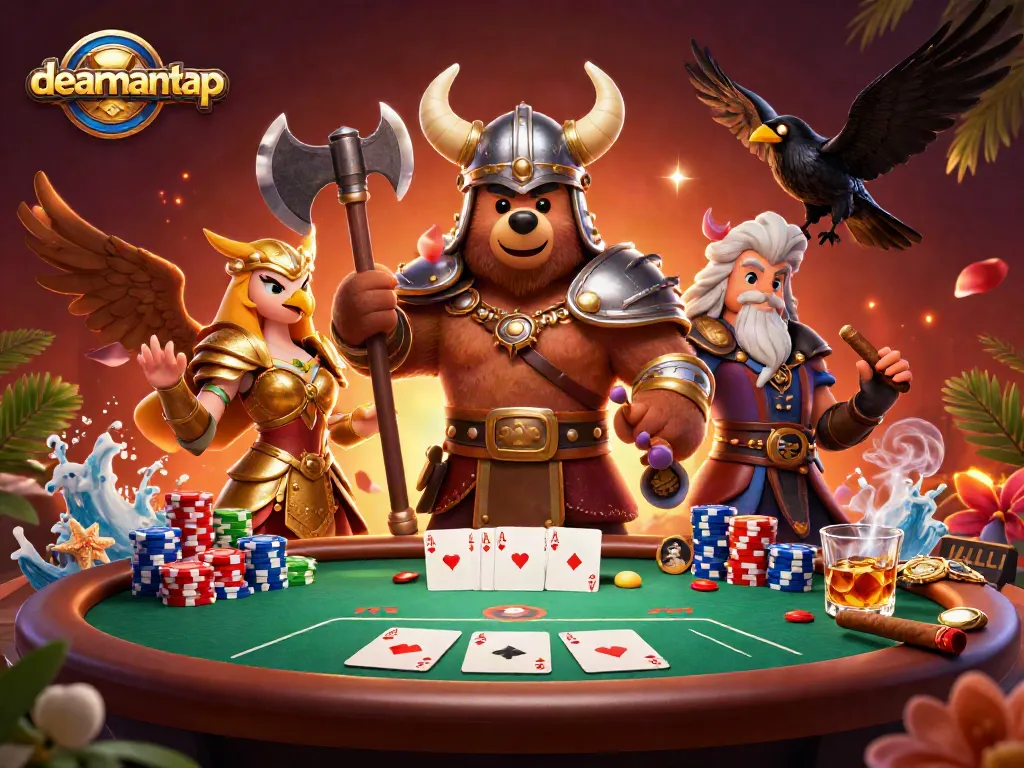 Experience dynamic poker action with dealmantap's Viking bear and Valkyrie eagle in this vibrant casino illustration.