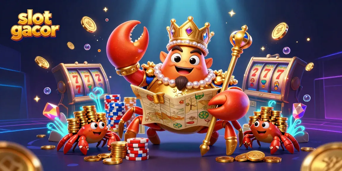 Spin the reels in a vibrant 3D illustration featuring slot gacor, a golden crab emperor, and colorful poker chips.