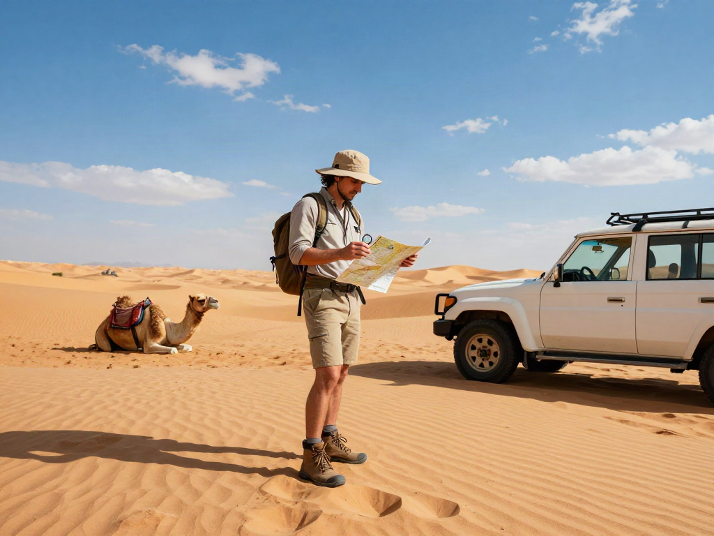 Traveler exploring the Dubai desert with a map and compass by a slot.
