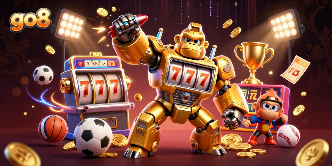 Engage with go8's thrilling gaming scene featuring a golden mech and dynamic sports elements.