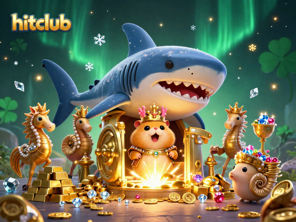 Hitclub showcases a kingdom of riches with a golden hamster king and seahorse guards amidst treasure.