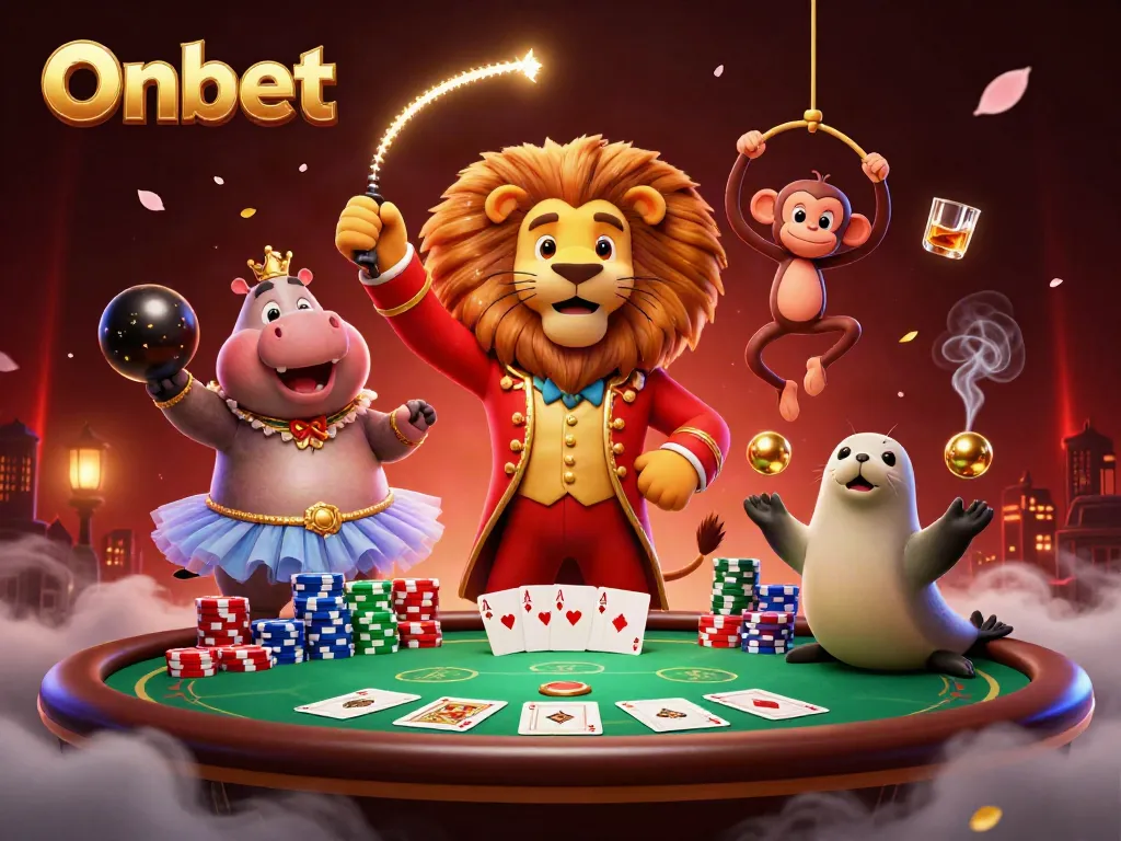 Engage with Onbet’s vibrant casino atmosphere featuring lively characters amidst poker gameplay.