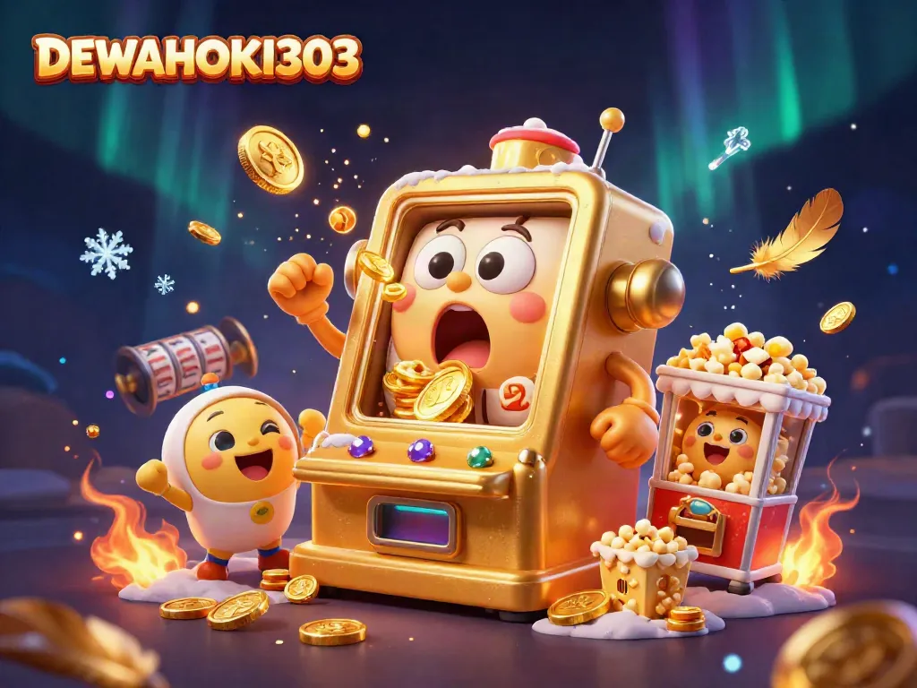 DEWAHOKI303 menampilkan mesin slot emas bahagia saat memenangkan jackpot, dikelilingi koin emas.
