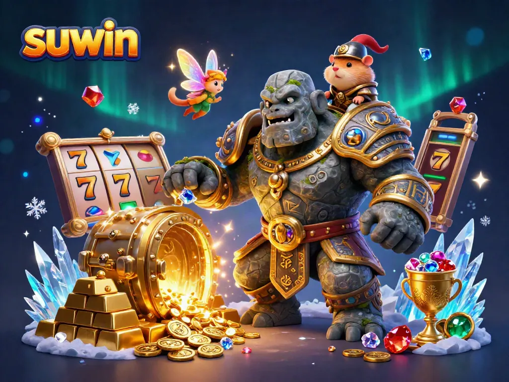Experience the thrill of suwin with slot reels and treasures in an enchanted casino scene