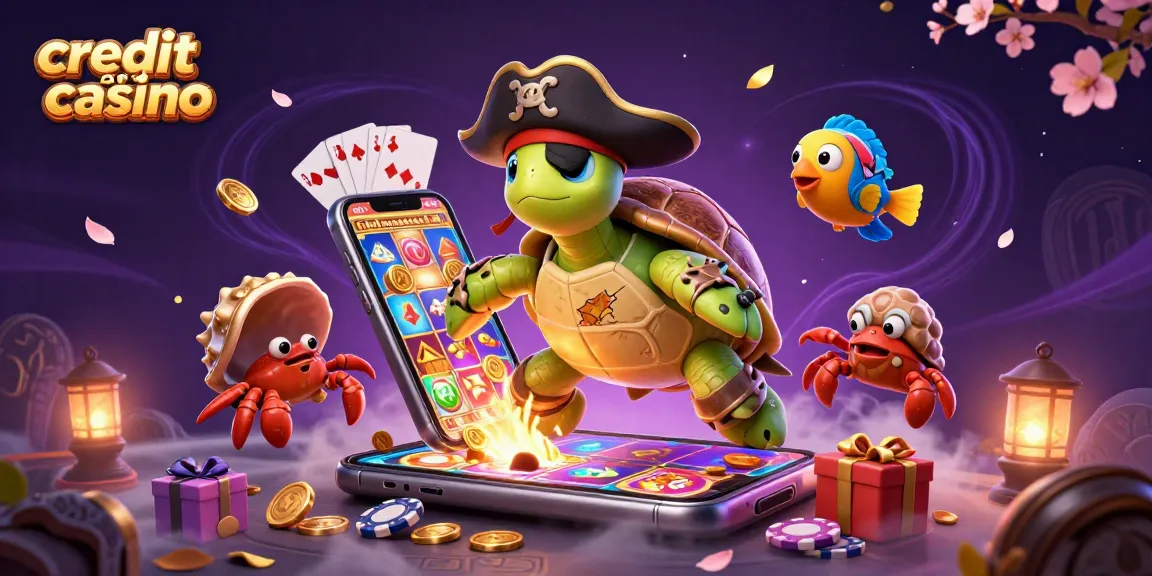 Engaging scene of a credit card casino with cartoon pirate turtle and treasure elements.