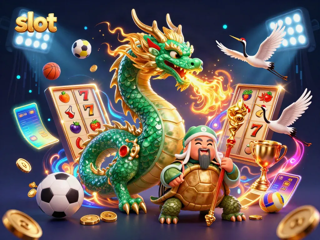 Experience thrilling slot action with dragons, turtles, and dynamic game elements in this vibrant scene