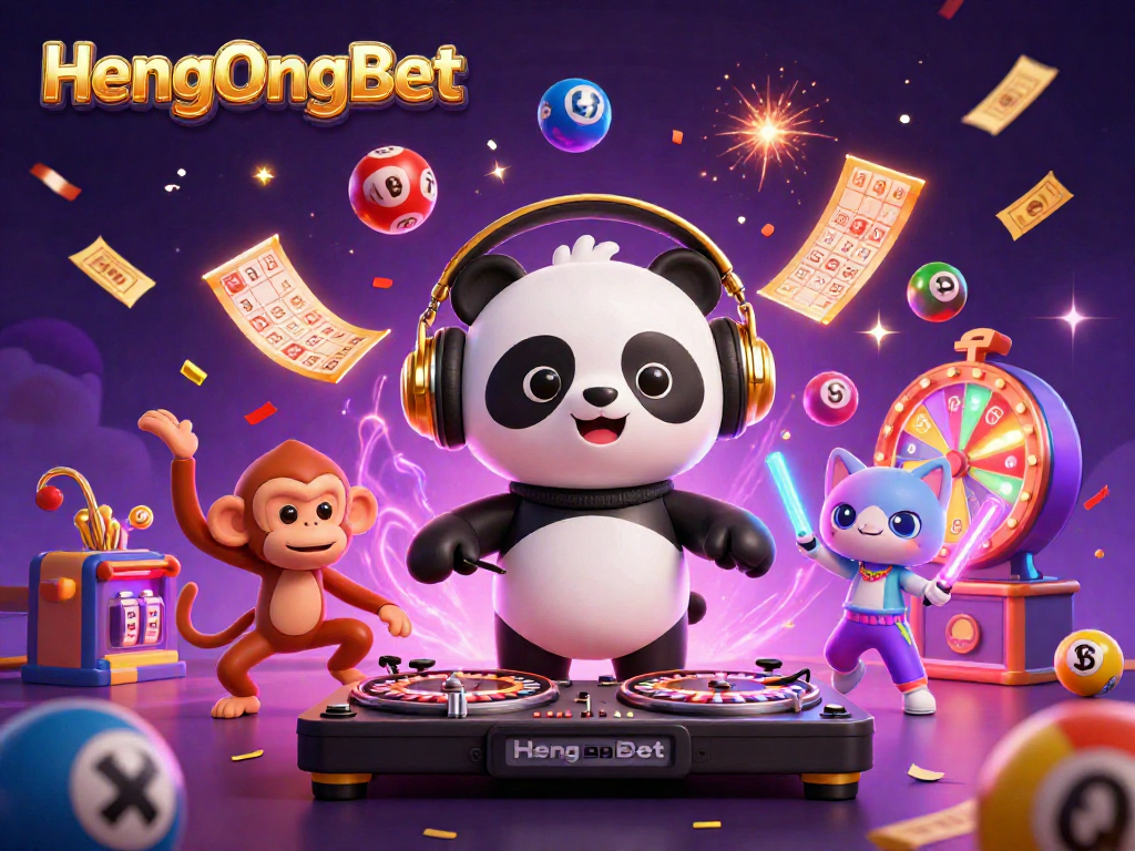 Experience the thrilling energy of HengOngBet as DJ panda spins lively casino elements amid vibrant colors.