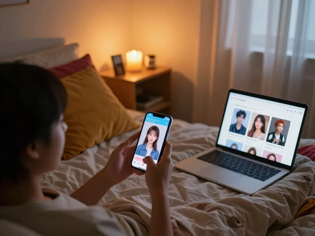 Engaging in an NSFW chat on Crushon.ai, relaxed in a cozy bedroom.