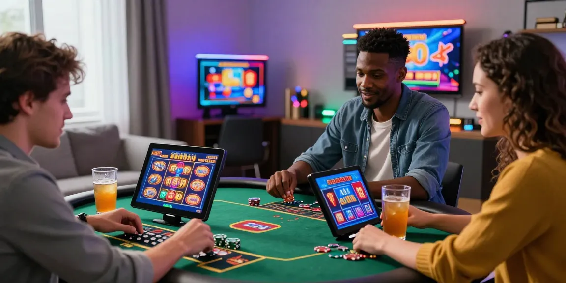 Engaged players enjoying credit card casinos from home, with vibrant game graphics and lively atmosphere.