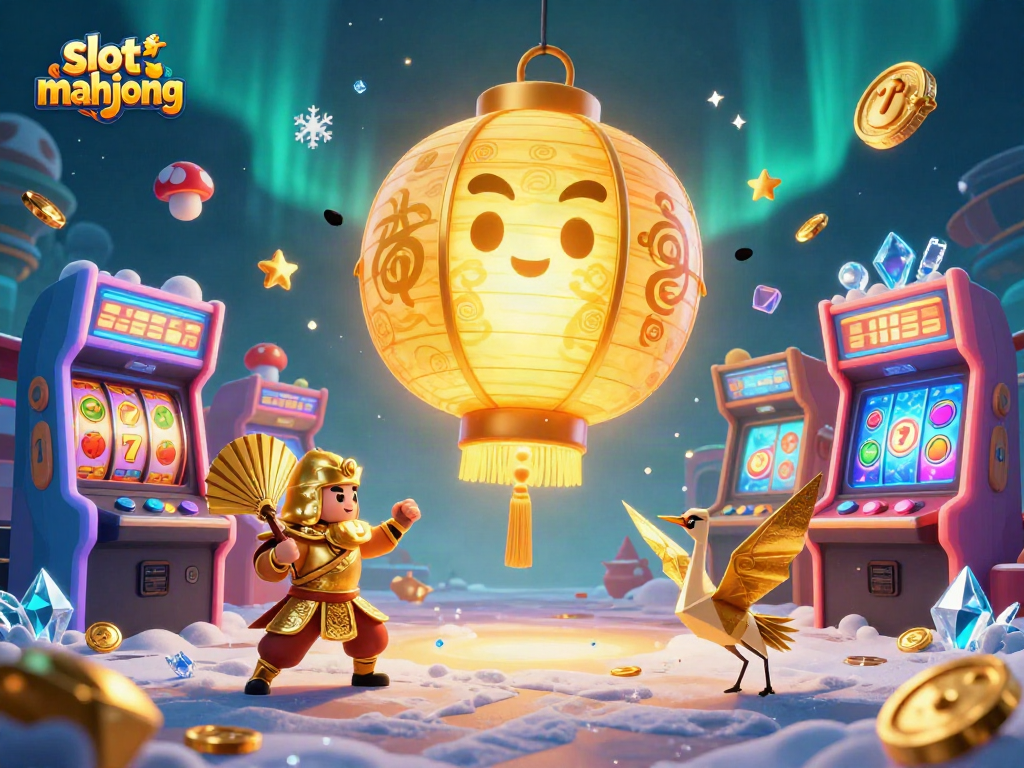Play slot mahjong with a vibrant illustration showcasing a golden lantern spirit and engaging game elements.
