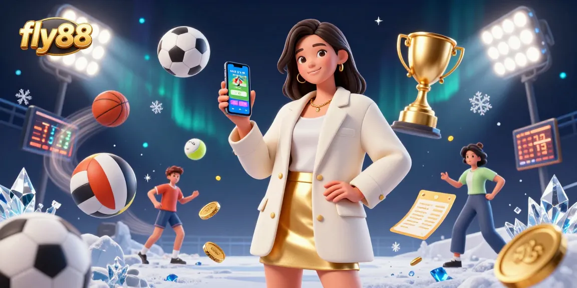 Engage in thrilling sports betting with fly88, featuring a vibrant Asian woman with a smartphone amidst dynamic 3D sports elements.