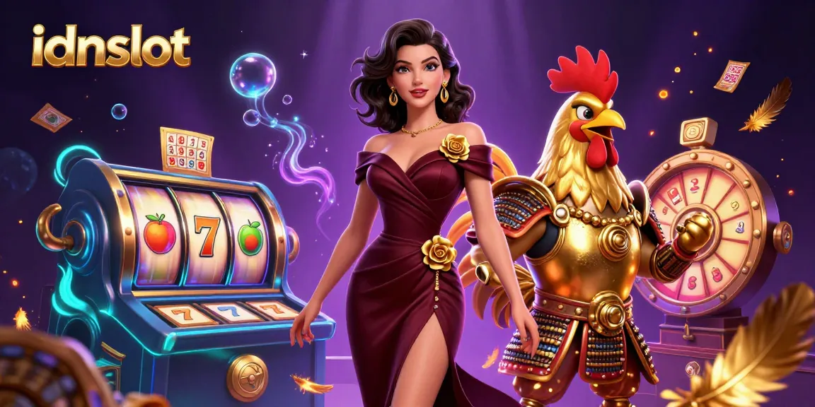 Play exciting games at idnslot with a glamorous presentation featuring slots and vibrant casino elements.