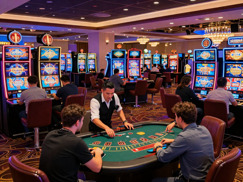 Engaging scene at American online casinos, players enjoying vibrant gaming experiences with diverse games and technology.