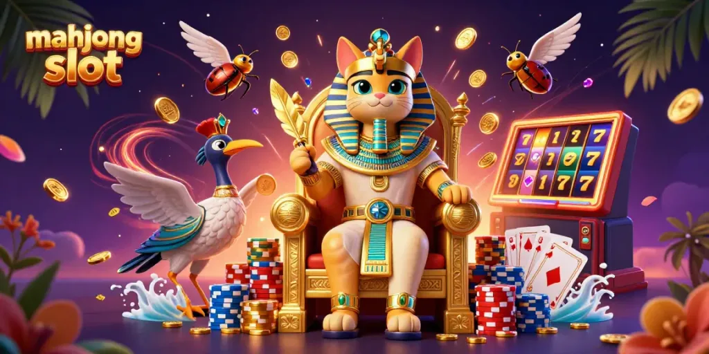 Engaging scene of mahjong slot featuring dynamic characters, coins, and casino elements.
