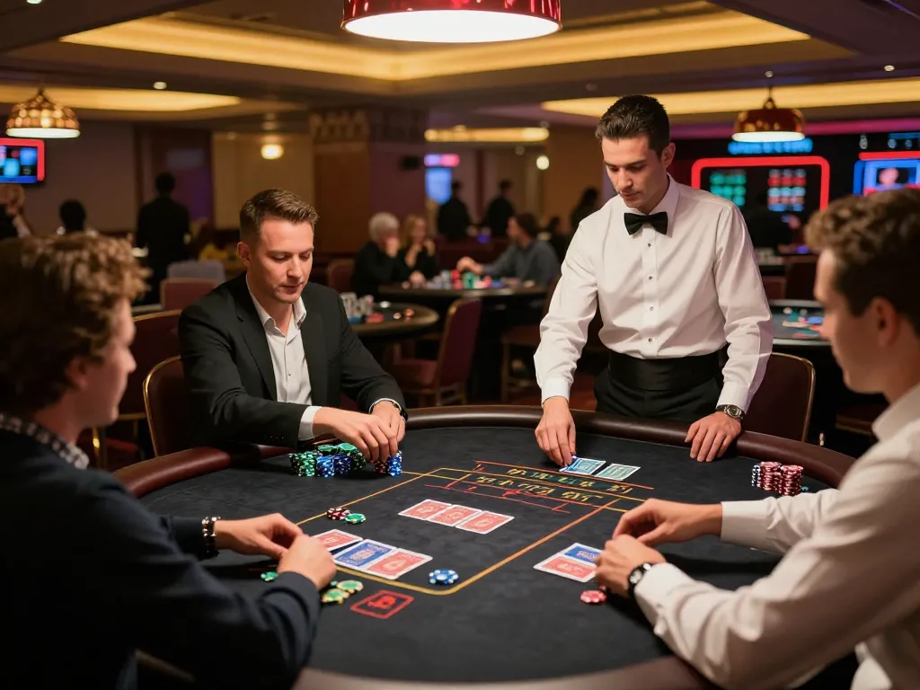 Players engaging with blackjack at the casino, strategizing with HM88 chips and cards.