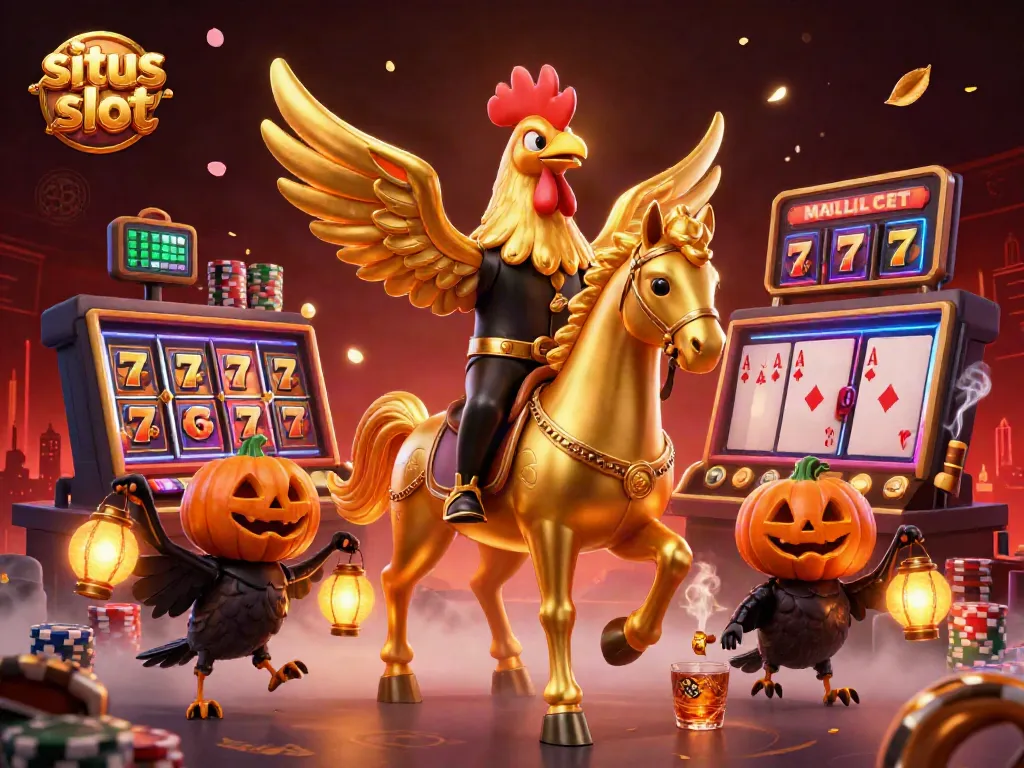 Engage with situs slot through a vibrant casino scene featuring golden rooster and mystical elements.