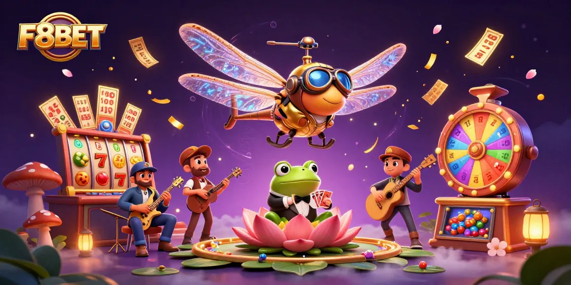 Experience the thrill of F8BET with colorful slots and a 3D dragonfly pilot in a vibrant casino scene.