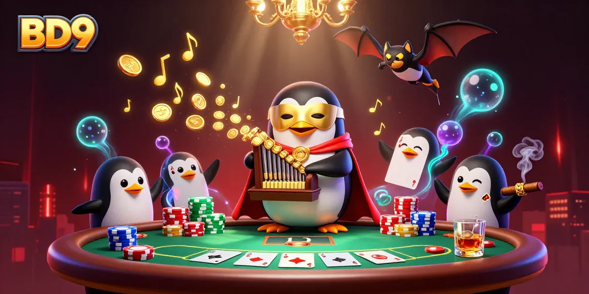 BD9 penguin plays a pipe organ shooting coins in a vibrant 3D casino scene.
