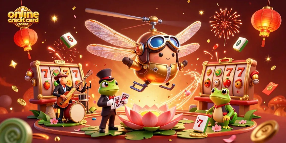 Engage in thrilling action at online credit card casinos with a vibrant casino scene featuring lively characters.