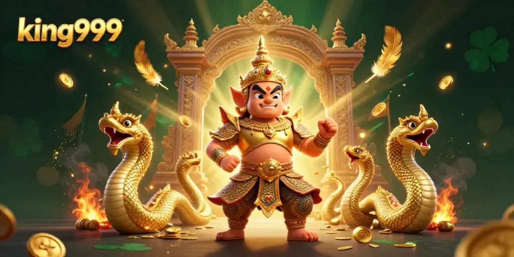 Menggambarkan king999 dengan penjaga kuil Thailand dan naga berkilau, sambil bermain permainan slot.
