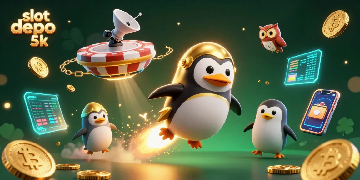 Experience thrilling action with slot depo 5k as the penguin rockets toward the casino in a vibrant scene.