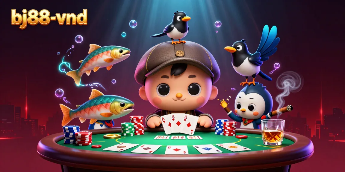 Engage with the bj88-vnd experience, showcasing adorable characters at a poker table in a vibrant casino scene.
