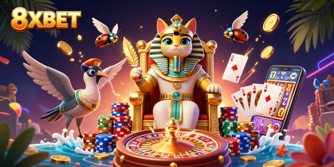 Experience excitement with 8XBET in a vibrant casino scene featuring rich gaming elements.