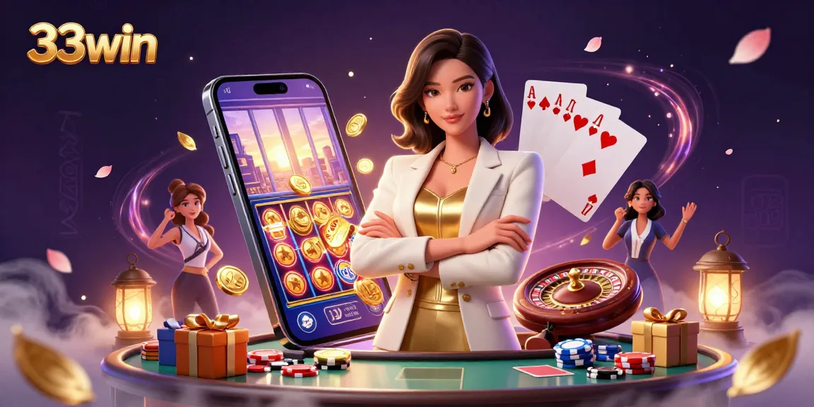 Experience the thrill of 33win with an elegant Asian woman showcasing her cards in a vibrant casino scene.