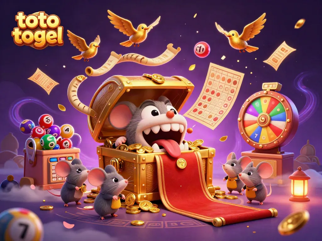 Engaging scene featuring mice drawn to a treasure chest symbolizing toto togel wealth, surrounded by colorful lottery elements.
