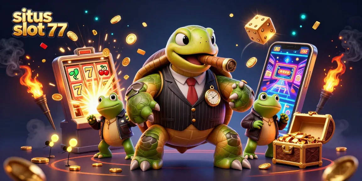 Experience the thrill of winning at situs slot 77 with a vibrant 3D casino scene featuring a snapping turtle and bullfrog enforcers.