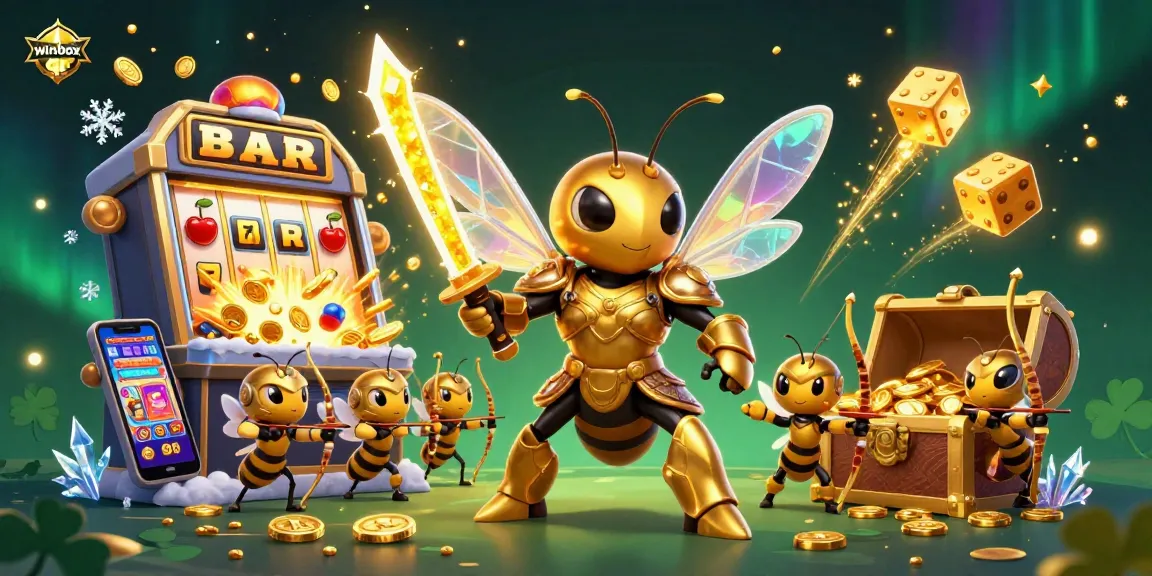 Winbox QR slot machine bursts with coins as hornet warriors strike, illustrating casino excitement.