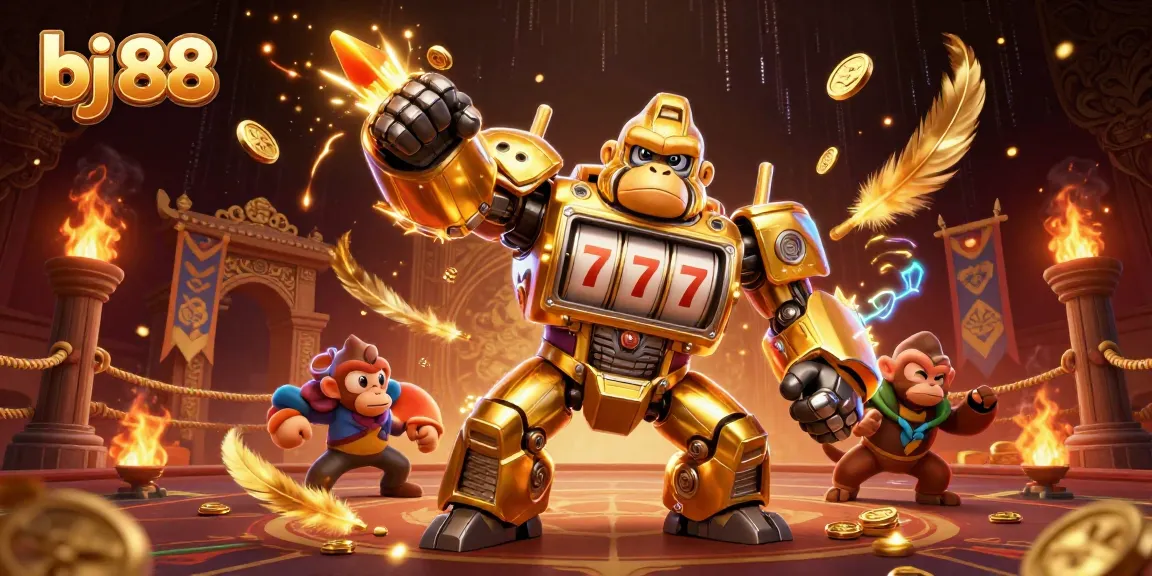 Experience thrilling action at bj 88 with a dynamic casino-themed 3D illustration featuring a golden gorilla mech.