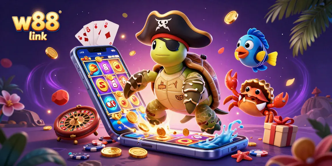 Engage with w88 link as a vibrant casino scene showcases a pirate turtle, wealth, and dynamic gaming elements.