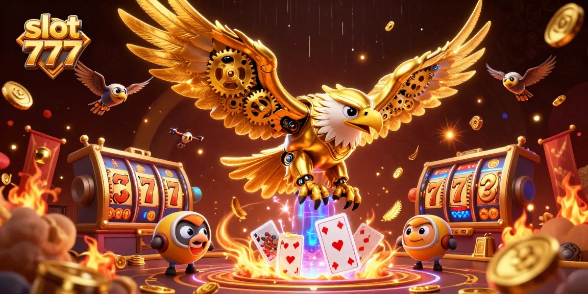 Experience the thrill of slot 777 with a dynamic casino scene featuring a cybernetic eagle.